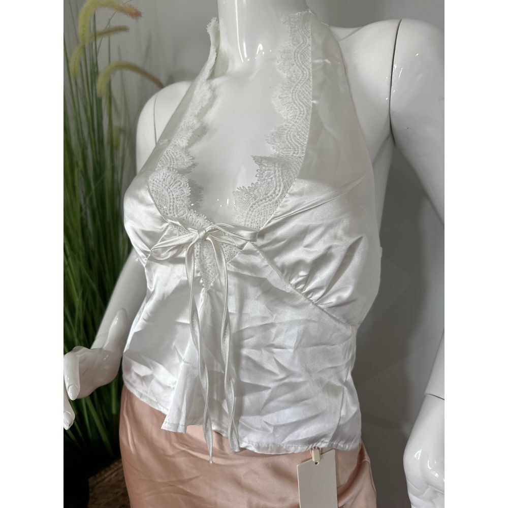 Commense Y2K White Satin Halter Top Lace Trim Plunge Backless Crop Size S - Picture 4 of 11